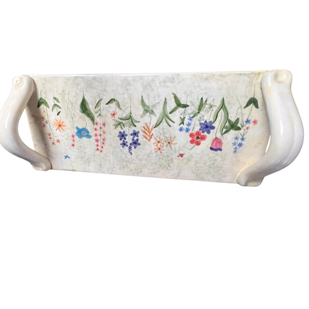 Nantucket Handmade Ceramic Serving Tray W/Handles Floral Motive 15"x6.5"x3" Used
